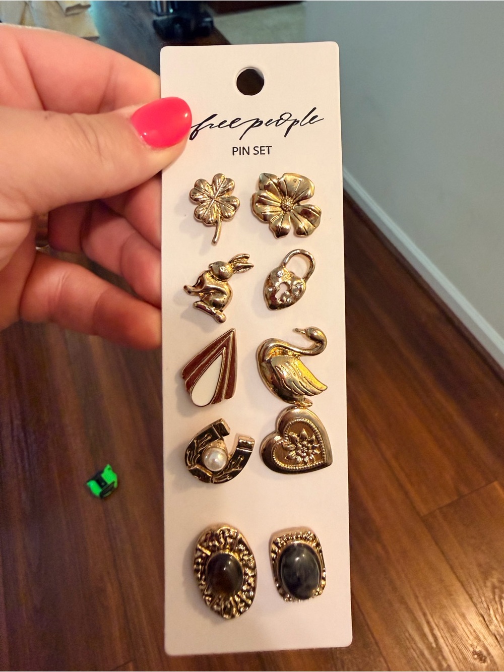 Free People Gold Tone Decorative Pin Set with Black Stone Accents